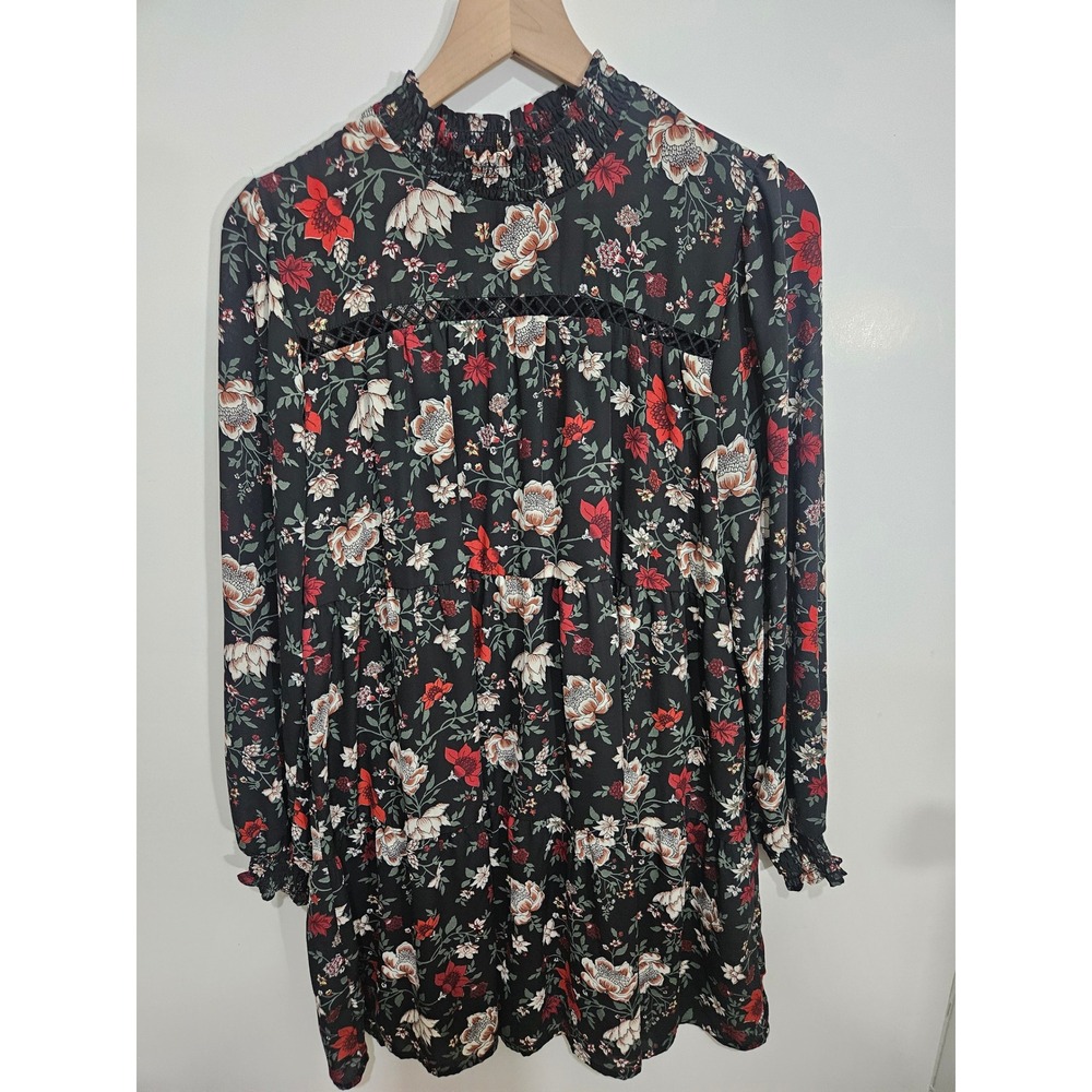 Ophelia‎ Floral Smocked Mock Neck Tiered Mini Dress Black Red Long Sleeve Large